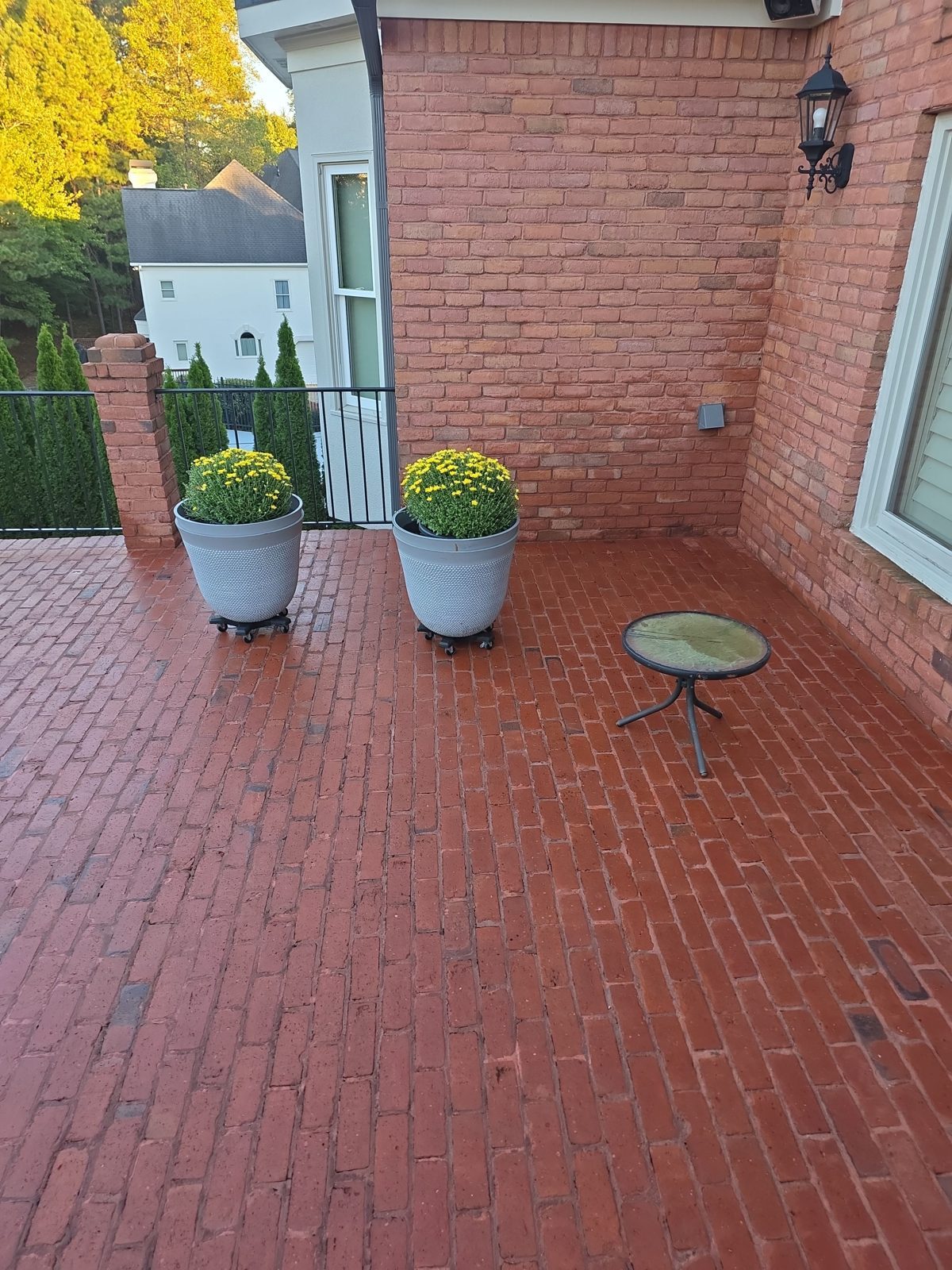 Brick steps in Thornberry after cleaning, with even red treads, a white lattice screen, and a small shrub at the edge
